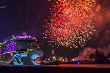 Hamburg, Germany - May 6, 2017: AIDA cruise ship liner with fireworks during Harbor birthday fireworksのeditorial素材