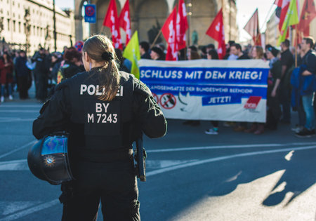 Munich, Germany - February 16, 2019: Protesters at the Munich Security Conference during their...