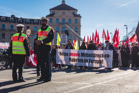 Munich, Germany - February 16, 2019: Protesters at the Munich Security Conference during their annual meeting.のeditorial素材