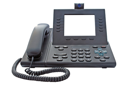 Voice over IP phone with large blank screen for your own or message with a clipping path on an isolated backgroundの写真素材