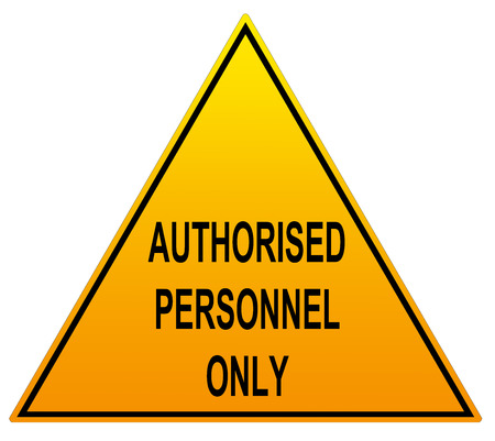 Authorised Personnel Only triangle warning sign available in English spelling and American spelling on an isolated white backgroundの写真素材