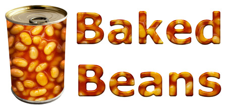 Baked beans can along with textured words on an isolated white background with a clipping pathの写真素材