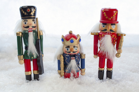 Three Nutcrackers in a Christmas Snow Sceneの写真素材