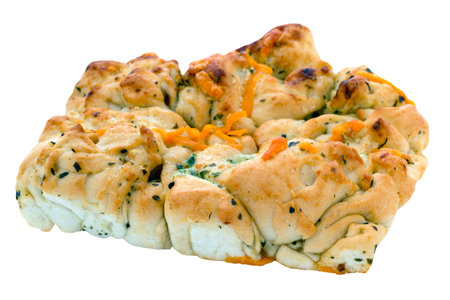 Tear and share bread with cheese, garlic and herbs on an isolated white background with a clipping pathの写真素材