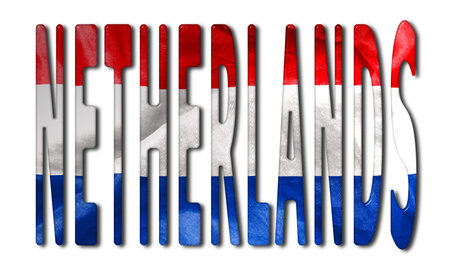 Netherlands word with a bevelled flag texture on an isolated white background with a clipping path with and without shadowsの写真素材