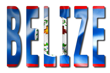 Belize word with a bevelled flag texture on an isolated white background with a clipping path with and without shadowsの写真素材