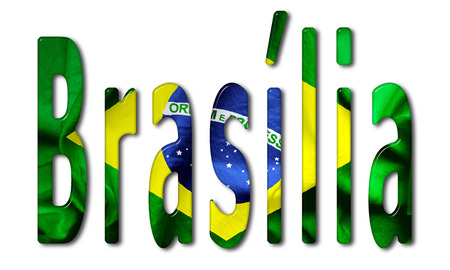 Brasilia word with a beveled Brazil flag texture on an isolated white backgroundの写真素材