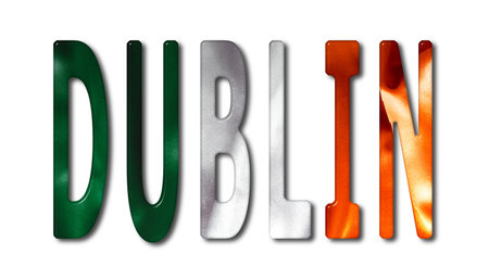 Dublin word with a bevelled Ireland flag texture on an isolated white background with a clipping path with and without shadowsの写真素材