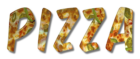 Pizza word with the letters as a meat a spicy pizza texture on an isolated white backgroundの写真素材