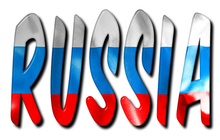 Russia word 3D illustration with a flag texture on an isolated white background with a clipping path for with and without the shadowの写真素材