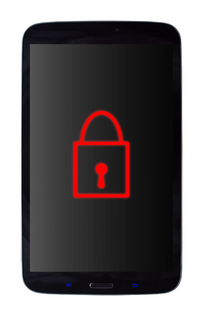 Mobile phone with a red locked padlock symbol on an isolated white background with a clipping pathの写真素材