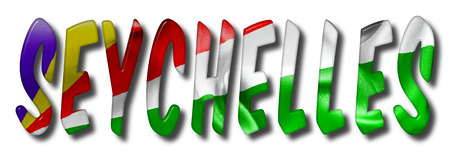 Seychelles word with a flag texture on an isolated white background with a clipping path for with and without the shadowの写真素材