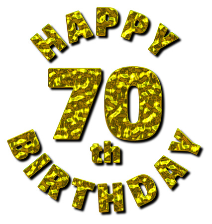 Happy 70th Birthday message with a golden metallic effect 3D illustration on a white backgroundの写真素材