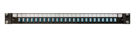 Fibre optic networking patch panel with 24 LC ports from a front view for use as a communications...
