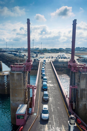 Saint Malo, Brittany, France - July 13, 2011: Cars boarding Brittany Ferries cross channel ferry...