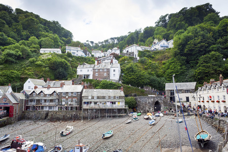 Clovelly, Devon, UK - July 8, 2008: Clovely harbour and village in Devon with buildings build on a steep cobbled streetのeditorial素材