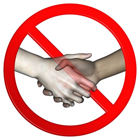 No hand shaking sign to avoid virus and bacteria spreading between people with two illustration computer generated handsの写真素材