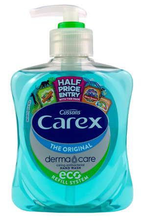 Coventry, West Midlands, UK - March 27, 2020: Carex antibacterial hand wash pump bottle on an isolated white backgroundのeditorial素材