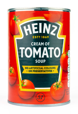 Coventry, West Midlands, UK - May 13, 2020: Heinz cream of tomato soup can unopened on an isolated white backgroundのeditorial素材