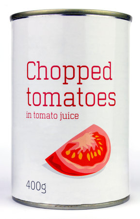 Chopped tomatoes in tomato juice in a white labelled unbranded tin can on an isolated white backgroundの写真素材