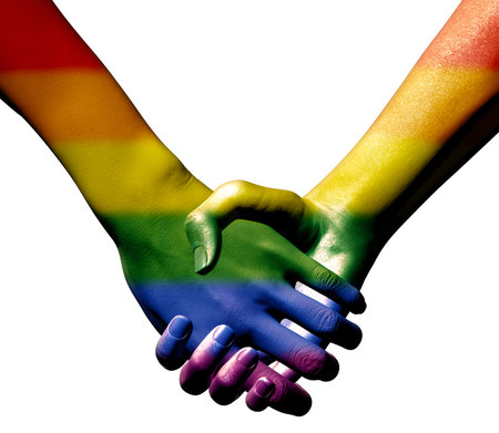 Gay pride flag effect on a couple holding hands 3D illustration on an isolated white backgroundの写真素材