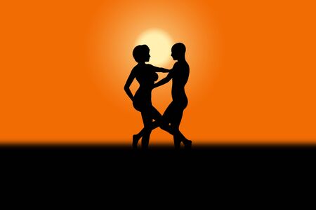 Silhouette of lovers dancing against a sunset scene 3D Illustrationの写真素材