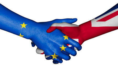 European and British Union Jack flags shaking hands 3D illustration on an isolated white backgroundの写真素材