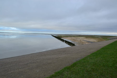 Sand flats at low tide of tidal sea Waddensea near Moddergat, Paesens, Netherlands