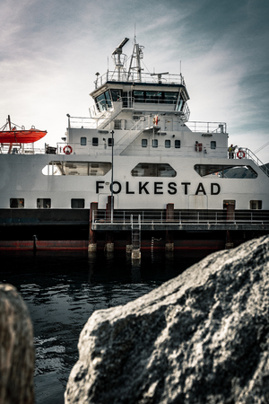 Norwegian Ferry on the Fjord in Volda, cearly morning (Folkestad, Alesund)のeditorial素材