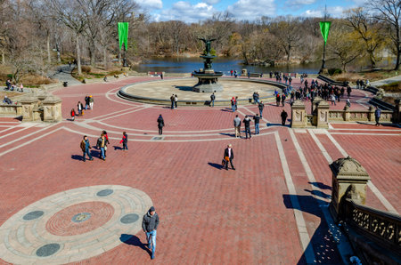 Bethesda Fountain with Angel of the Waters Sculpture wide angle shot, aerial view Central Park New...