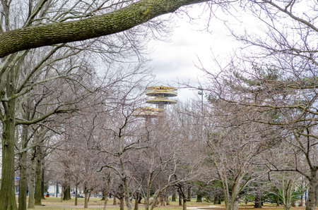 New York State Pavilion Observation Towers with lots of trees and branches in forefront, Flushing...