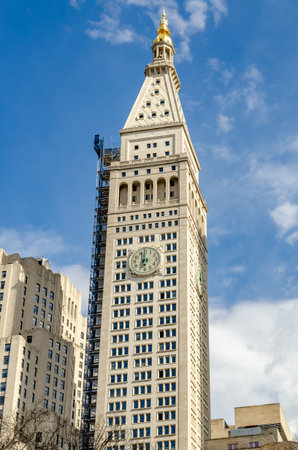 The New York EDITION Hotel Clock Tower, view from low angle, New York City during sunny winter day,...