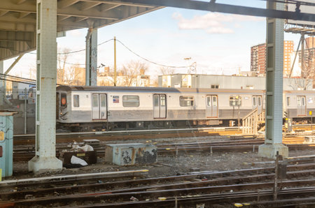Trains at Coney island, Brooklyn Subway Station, New York City, view through Subway Window during...