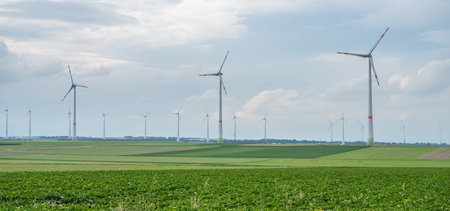 Wind park with several modern renewable energy wind turbines, agricultural field in the front,...