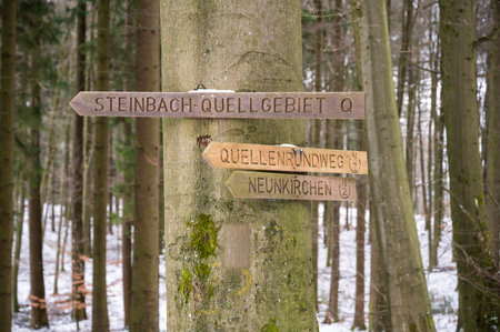 Wooden way sign path sign Steinbach-Quellgebiet, Quellenrundweg and Neunkirchen hanging on a tree during winter with snow in backgroundの写真素材