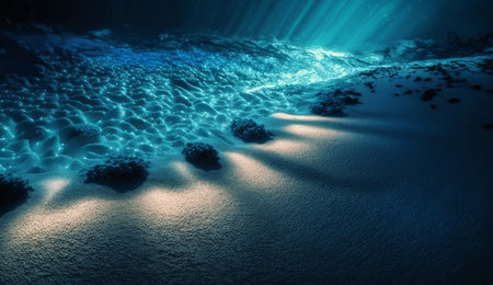 Underwater sea deep water ground with sand and stones and blue light from above backgroundの素材
