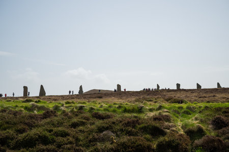 Ring of Brodgar, Orkney Islands, stone circle, wide angle shot with lots of tourists in the background, Scotlandの写真素材