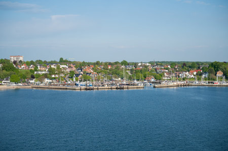 Small harbor port at Kiel with sea in front, aerial view, Germany