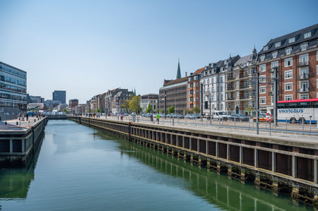 Aarhus urban area near the harbor with river and business district, residential buildings and main...