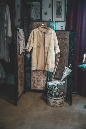 Clothing room indoors at Skaill House museum, Orkney Island, Scotland, vertical shotのeditorial素材