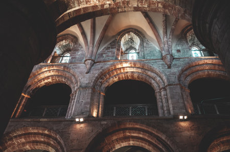Illuminated Inside of St Magnus Cathedral at Kirkwall, Scotland, low angle viewのeditorial素材