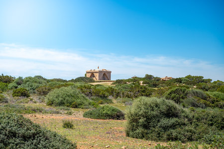 Castell de sa Punta de n Amer, Cala Millor, Majorca, aerial shot view from the distance during great weather, Mallorcaのeditorial素材