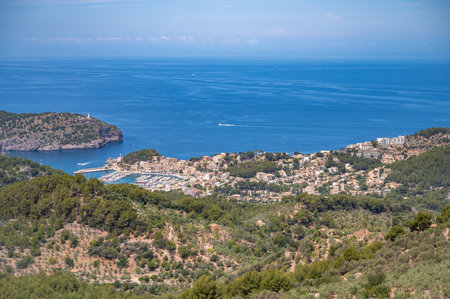 View of Port d Soller, Majorca, during great weather, view from the distance with mountain range in front, Majorca, Spainの写真素材