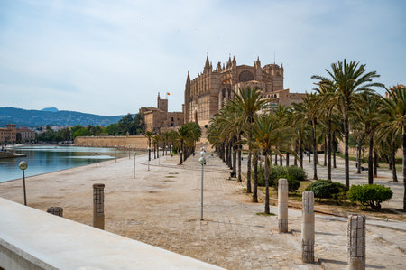 Cathedral of Santa Maria of Palma La Seu in Palma de Mallorca back side of the cathedral with lake and park, fence in front, majorcaの写真素材
