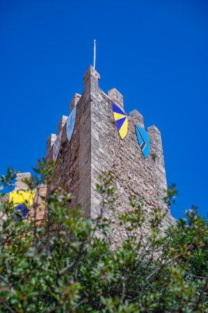 Castell de Capdepera, Mallorca tower with coat of arms on the castle wall, low angle view, vertical shot, Majorcaの写真素材