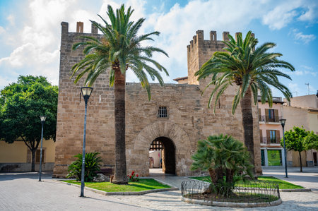 Alcudia, Mallorca Porta del Moll with palm trees in front no people during great weather, horizontal shot, Majorcaの写真素材