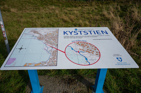 A map of Kyststien, a region in Rogaland, Norway, marked with a red line, shows a circular inset...