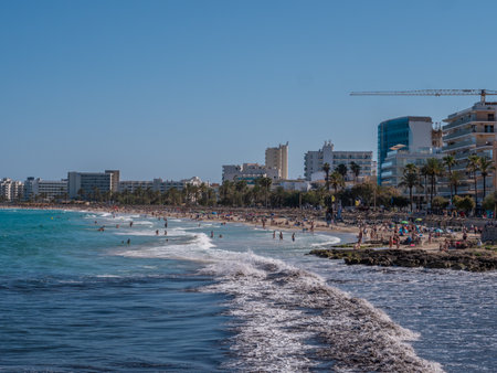 Cala Millor, Mallorca. bustling beach scene with clear blue skies, crowded with people enjoying the ocean and palm trees lining the shore, with modern buildings in the background, Majorcaの写真素材