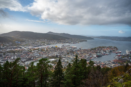Bergen, Norway, panoramic view of the coastal city nestled between hills and a large body of water, with a harbor filled with ships and a cloudy sky aboveの写真素材