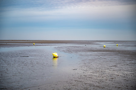 A yellow buoy floats in a vast, flat, wet landscape under a cloudy skyの写真素材